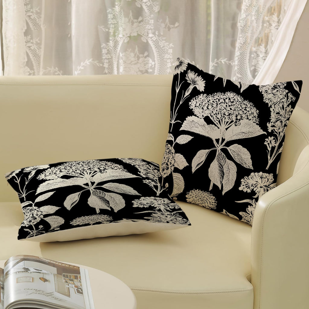 Black Pillow Covers 20x20 Inch Set of 2 Vintage Boho Floral Hydrangea Herbs Botanical Throw Pillows Outdoor Flower