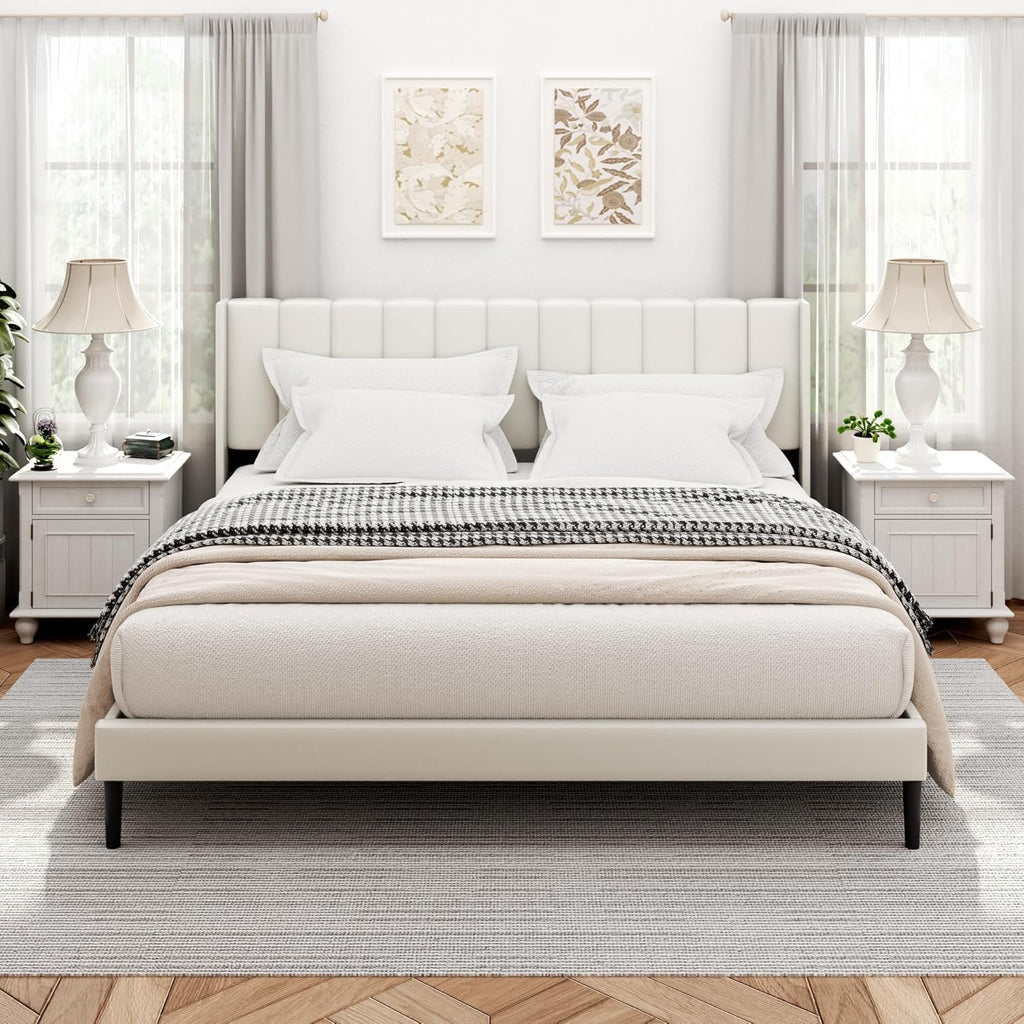 King Bed Frame and Headboard,Vertical Channel Tufted Wingback No Box Spring Needed, Mattress Foundation
