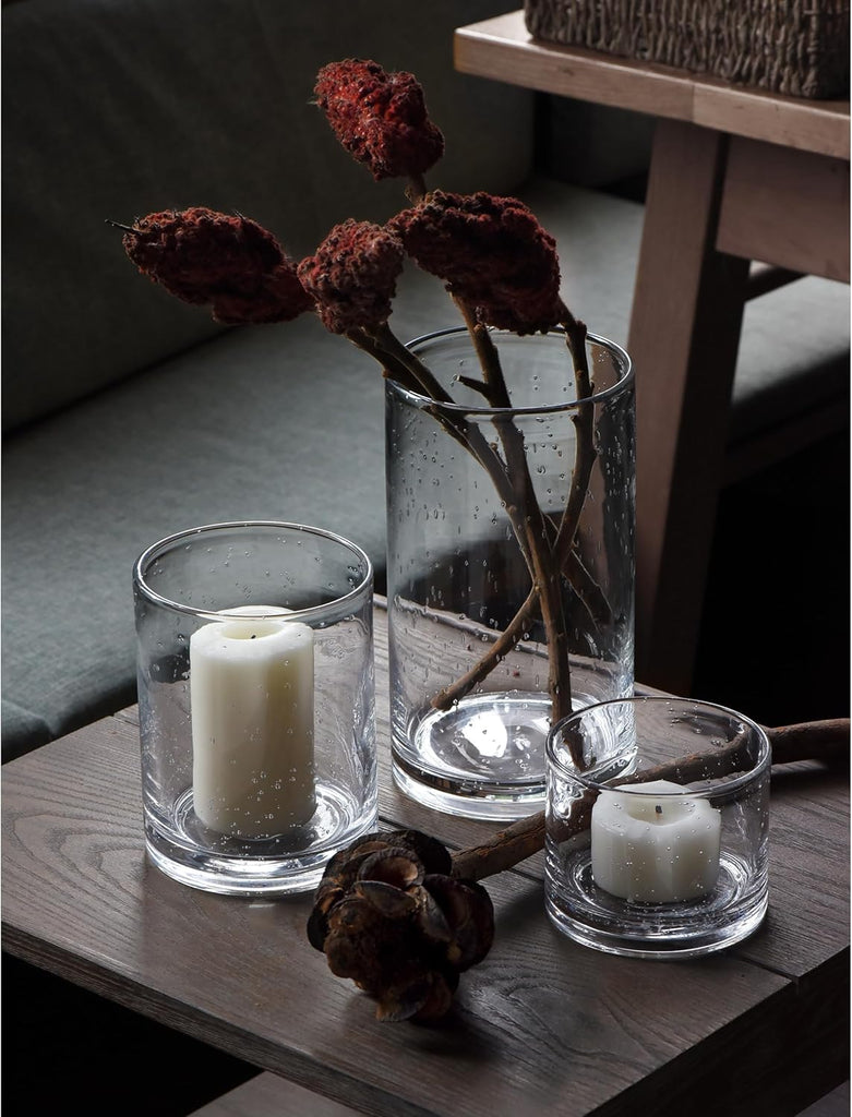 Hurricane Candle Holders Glass Cylinders Set of 3 (10" 7" 4") | Clear Seeded Bubbles, Cylinder Vases For Pillar