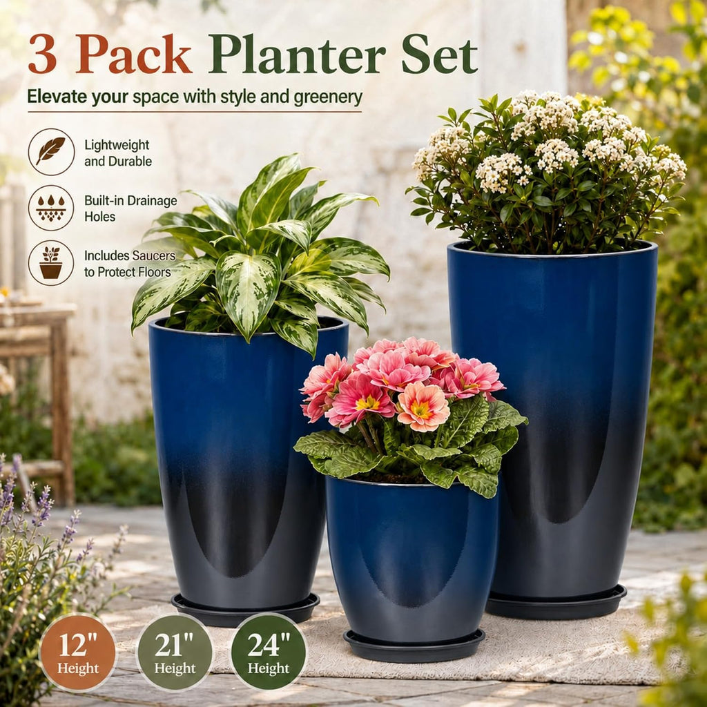 Set of 3 Tall Planter, 24/21/12in Large Planter, Dark Blue | Ceramic-Look, Lightweight, Built-in Drain Hole, Saucers