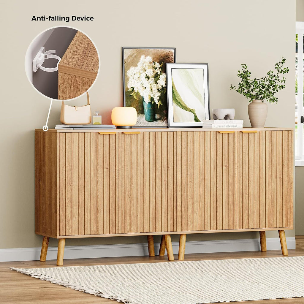Fluted Storage Cabinet, Buffet Cabinet with Storage, Wood Sideboard with Adjustable Shelf, Modern Accent Cabinet &
