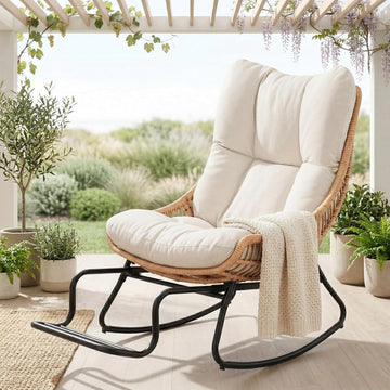 Outdoor Rocking Papasan Chair with Adjustable Footrest, Patio Egg Rocking Chair with Thick Cushion, Steel Frame