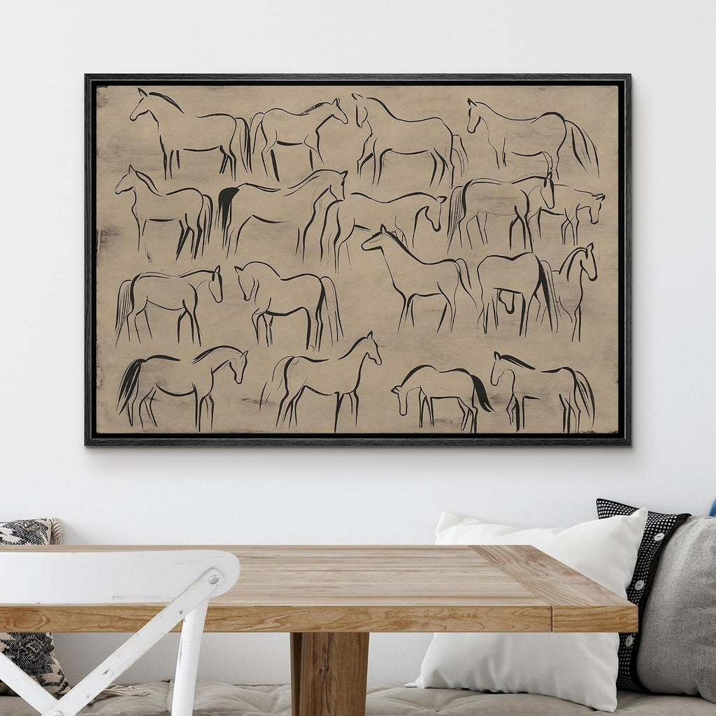 Framed Canvas Print Wall Art Abstract Horse Sketch Collection on Beige Minimalist Illustrations Digital Art
