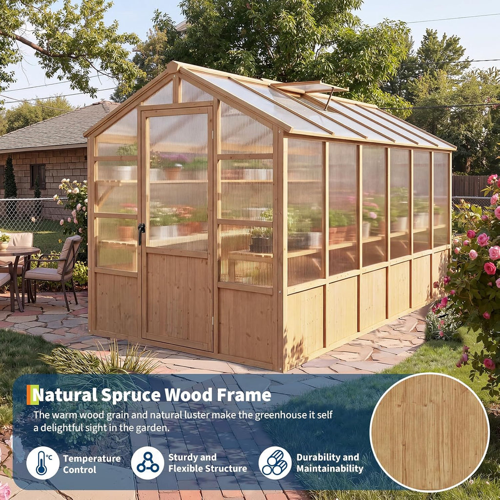 Heavy Duty Walk-in Wooden Greenhouse Kit, 4mm Polycarbonate Panels Green House with Adjustable Vents and Lockable