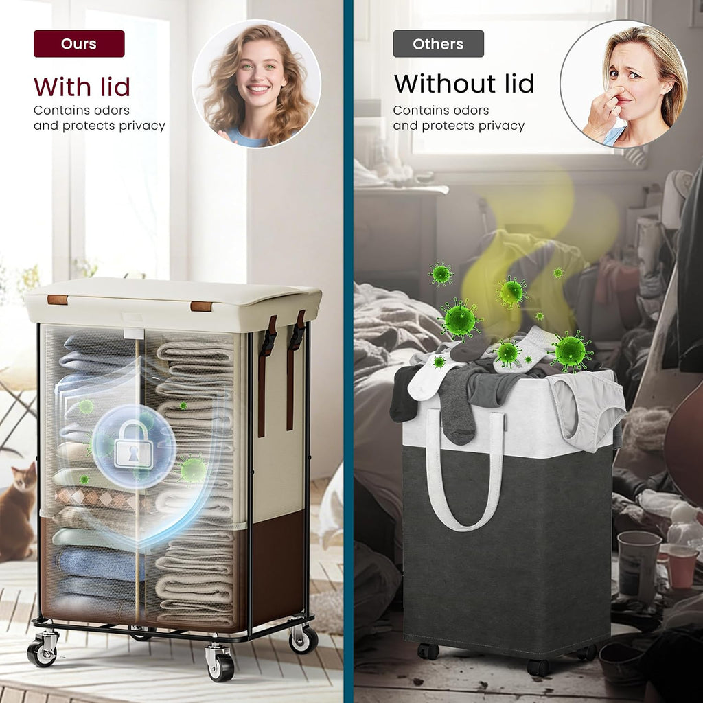 Double Laundry Hamper with Lid, Rolling Laundry Basket with Wheels and 2 Removable 75L Bags, 2 Section Large Capacity