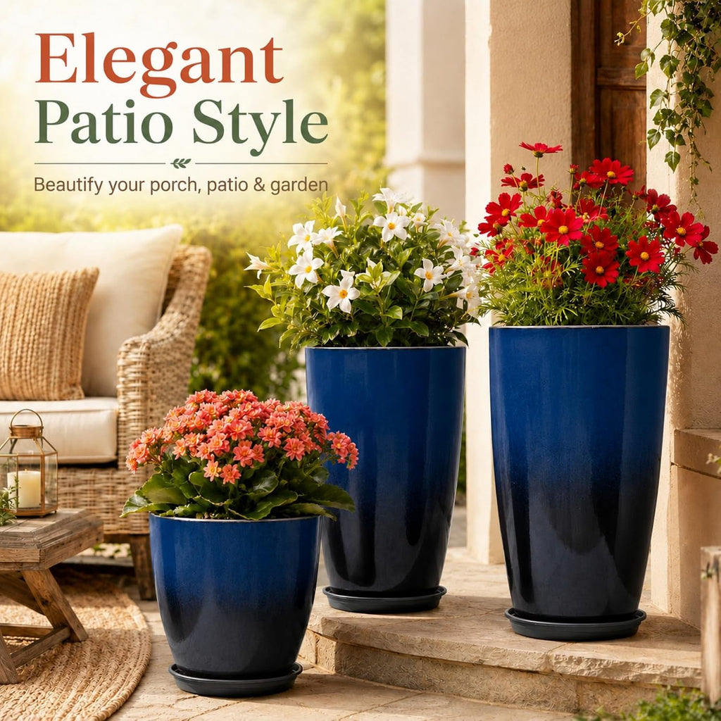 Set of 3 Tall Planter, 24/21/12in Large Planter, Dark Blue | Ceramic-Look, Lightweight, Built-in Drain Hole, Saucers