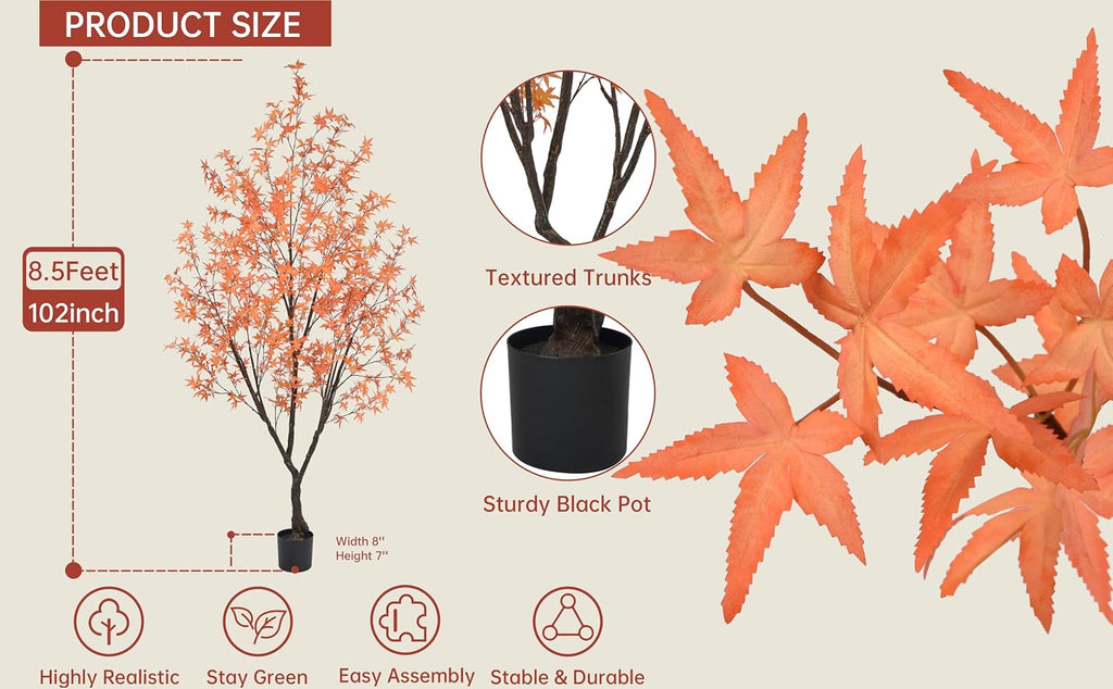 Autumn Maple Tree 8.5FT with 900 Red & Orange Leaves Fall Décor Tall Large Faux 102 Inch Plant Black Pot for Indoor