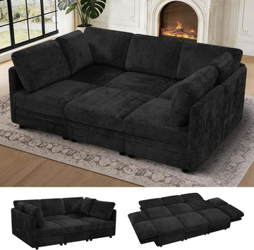 86'' Chenille Modular Couch with Removable Ottoman, 6 Seater Secional Sofa with Adjustable Backrests
