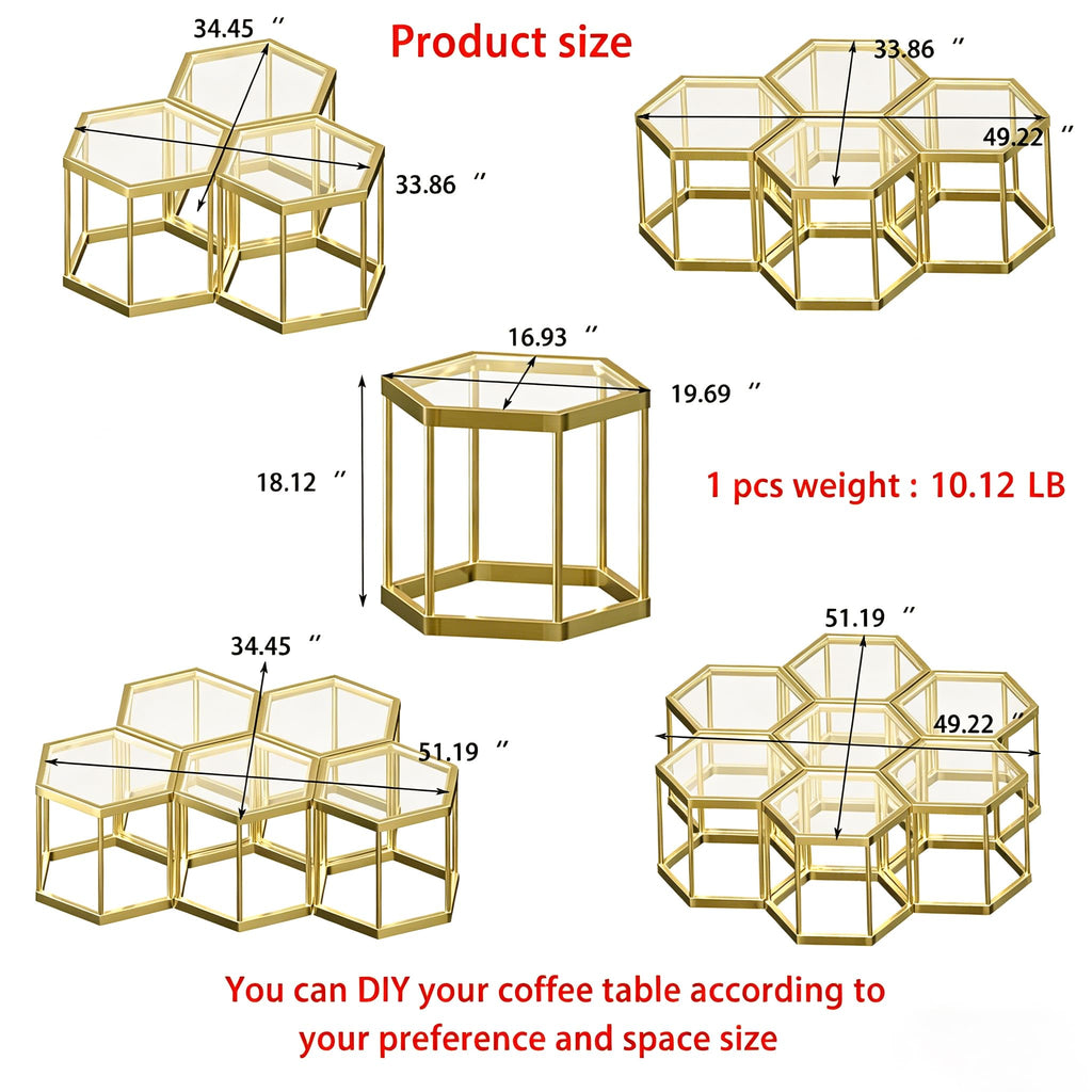 Hexagonal Modular Coffee, Gold Plated Frame, Tempered Glass Top, Geometric Accent Side, Multi-Purpose Nesting