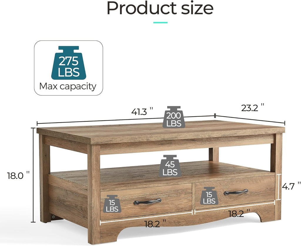 Farmhouse Coffee Table, Rectangle Coffee Table with Drawers, Rustic Wooden Coffee Tables with Storage, Center Table