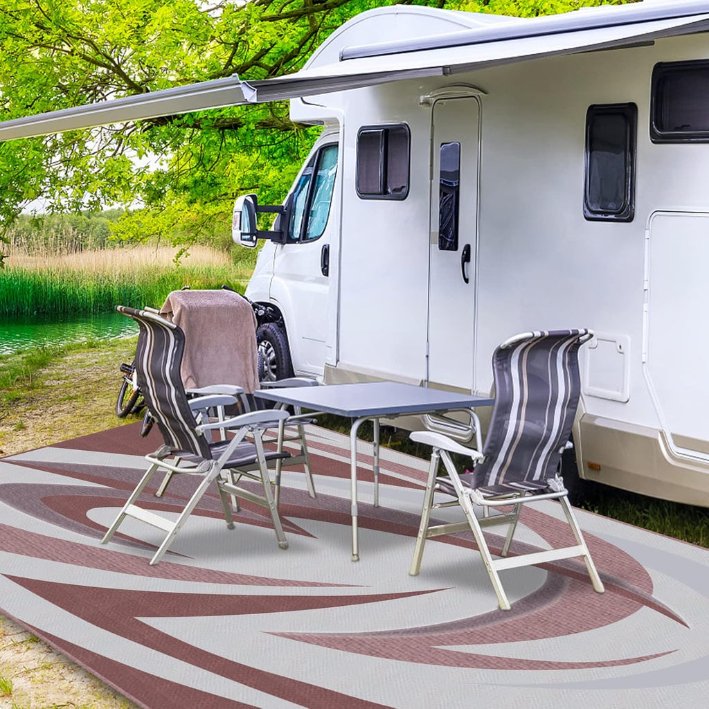 9X12FT Durable RV Outdoor Rugs for Camping RV Mat Modern Wave Design - 9×12 Burgundy