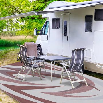 9X12FT Durable RV Outdoor Rugs for Camping RV Mat Modern Wave Design - 9×12 Burgundy