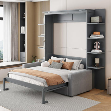 Murphy Bed, Queen Wooden Wall Bed with Sofa for Bedroom, Wood Slat Support, No Box Spring Needed, Easy Assembly, Grey