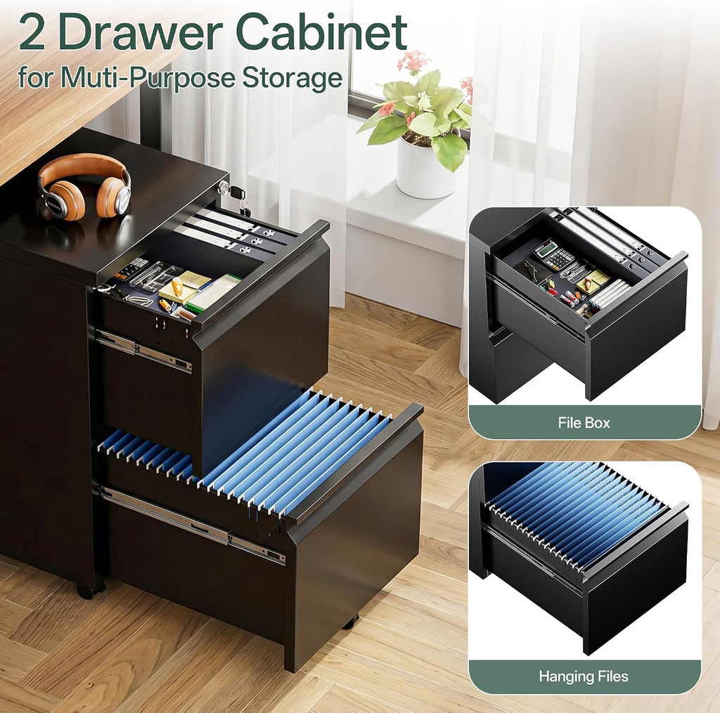 2 Drawer Mobile File Cabinet with Lock, Fully Assembled | Under Desk Metal Filing Cabinet Organization, Fits