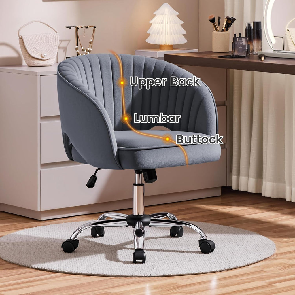 Home Velvet Desk Chair, Upholstered Modern Swivel Chair with Tufted Barrel Back, Rolling Wheels for Office, Study