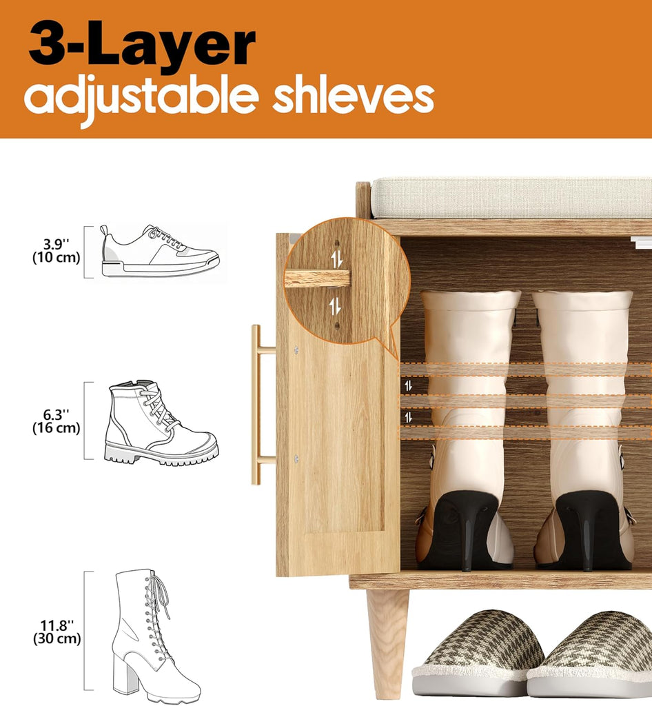 Rattan Shoe Storage Bench with Cushion, 2-Tier Entryway Bench with Adjustable Shelves and 2 Doors, 15" D x 39.4" W x