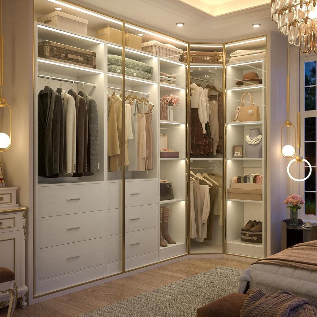 Corner Closet System with 6 Drawers, Corner Closet Organizer System | Reversible L Shaped Walk-in Closets with 14