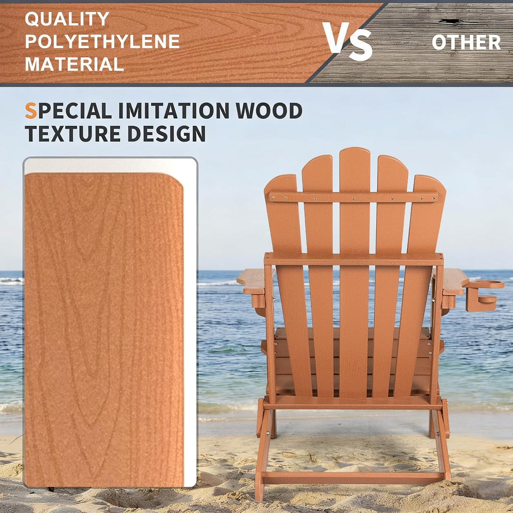 Folding Adirondack Chair Set of 2, Fire Pit Chairs with Cup Holder | Wood-Grain, HDPE All Weather, Quick-Folding, No
