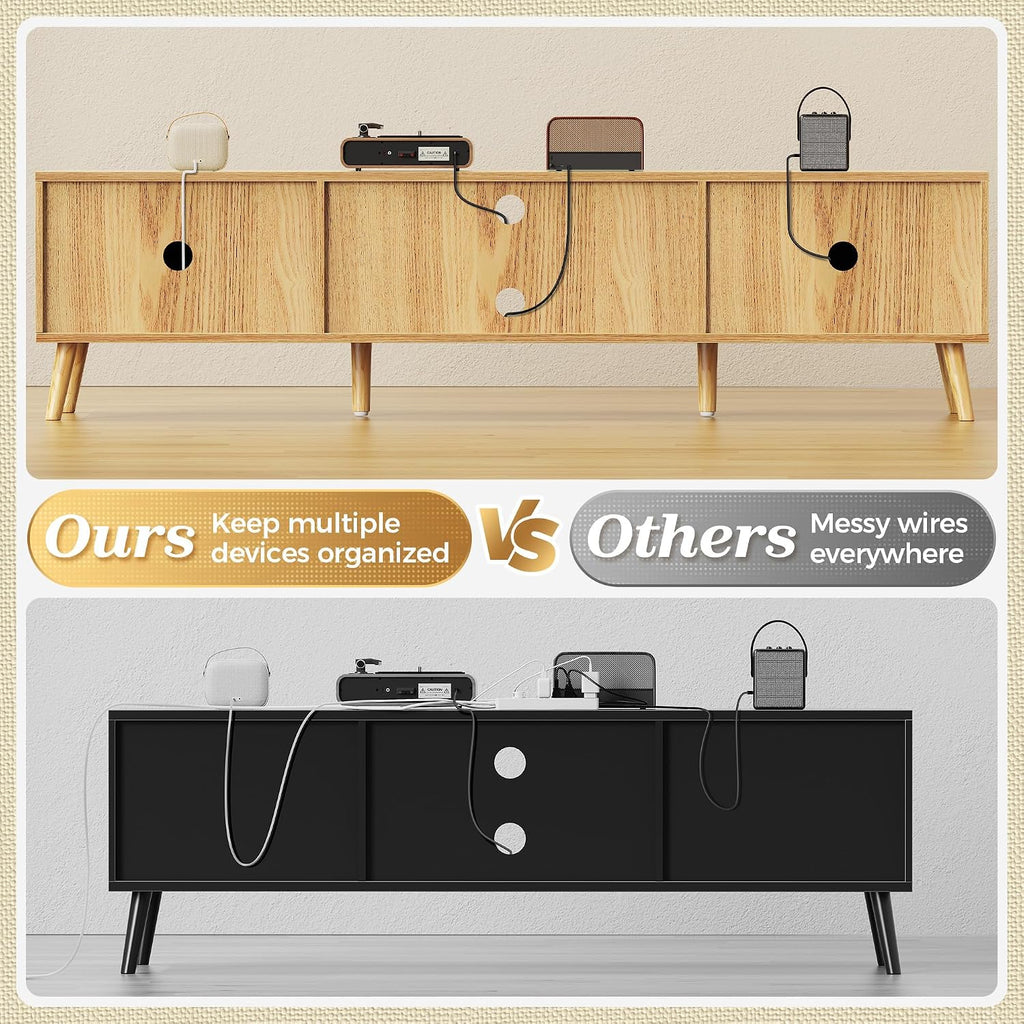 70.9 Inch Boho TV Stand for 75 Inch TV, Entertainment Center with Adjustable Shelf, Rattan TV Console with 2