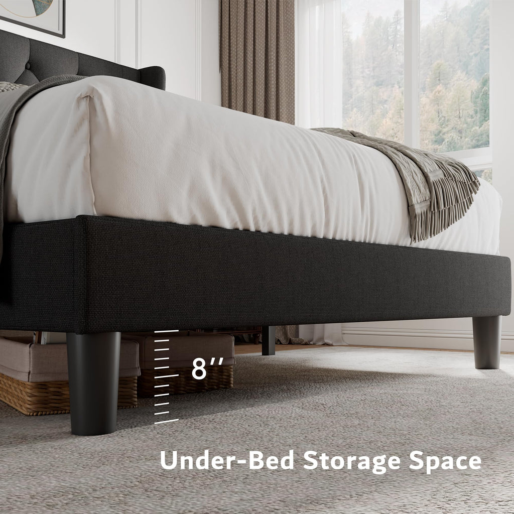 King Size Platform Bed Frame with Button Tufted Headboard, Upholstered Bed Frame with Solid Wooden Slats, 8" Underbed