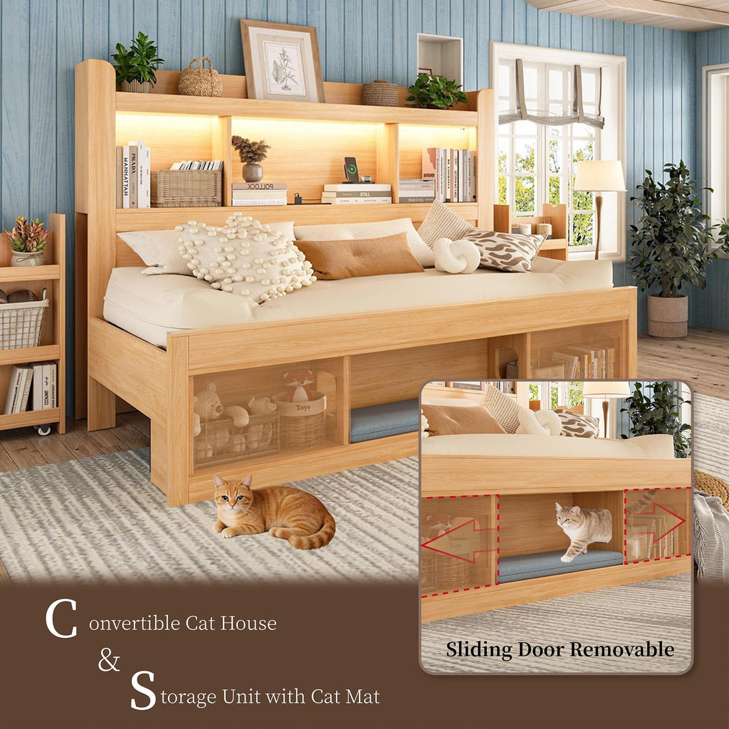 Twin Daybed with Bookcase Headboard & Hidden Bedside Racks, Oak