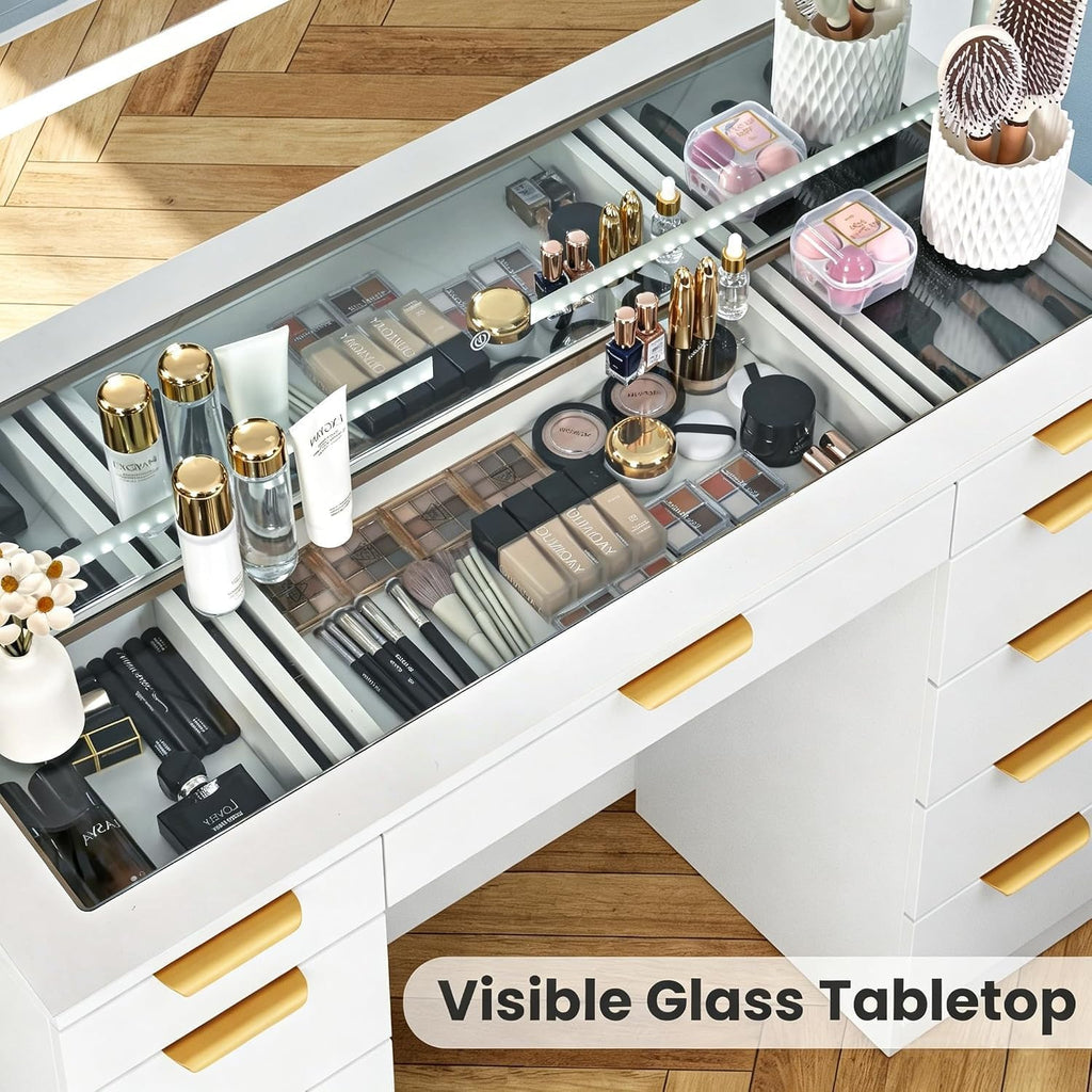 Glass Top Vanity Desk with Mirror and Lights, 11 Drawers Makeup Vanity with Charging Station, Golden Handles Dressing