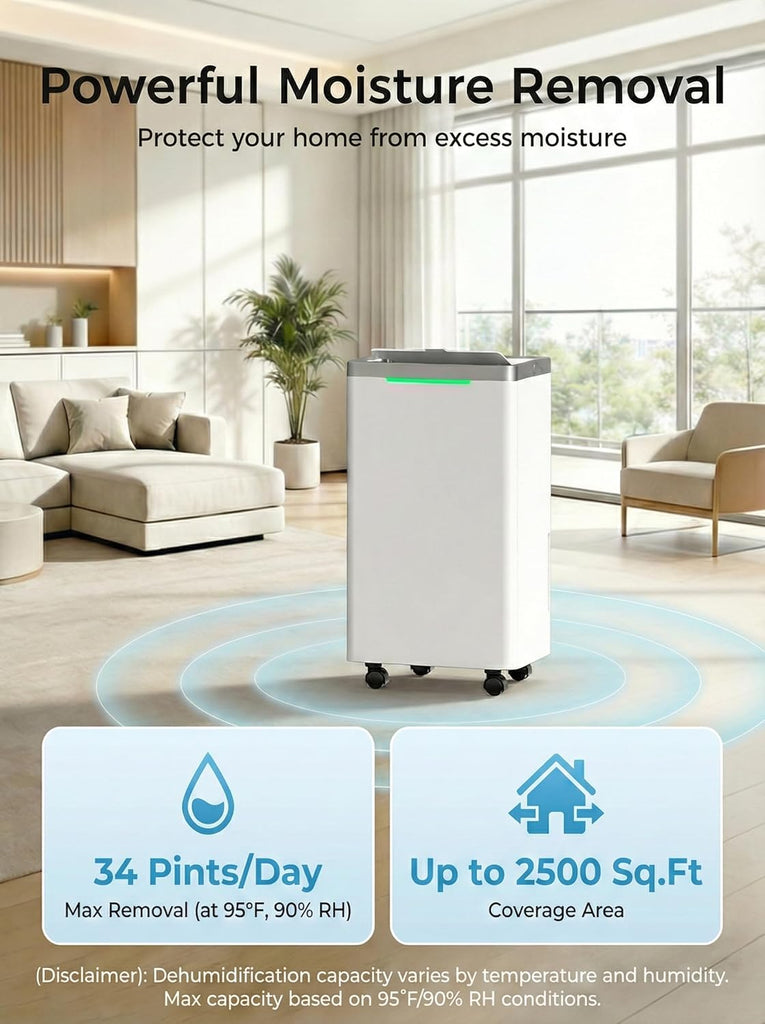 34 Pints/Day Dehumidifier for Basement, 2500 Sq. Ft Dehumidifiers for Home with Drain Hose