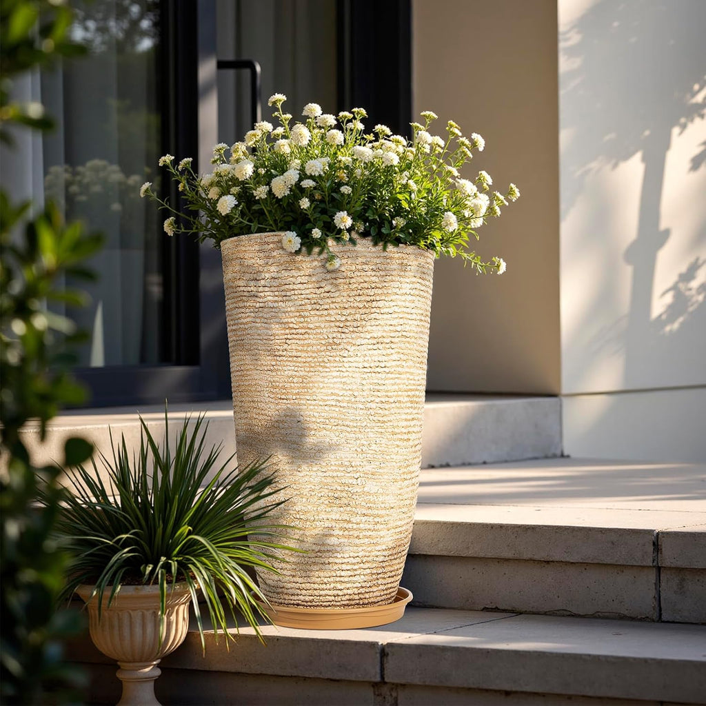 Set of 2 9 Gallon Tall Large planters for Outdoor/Indoor Plants of 12" Dia x 21" H Round Flower Pots Set Faux Stone