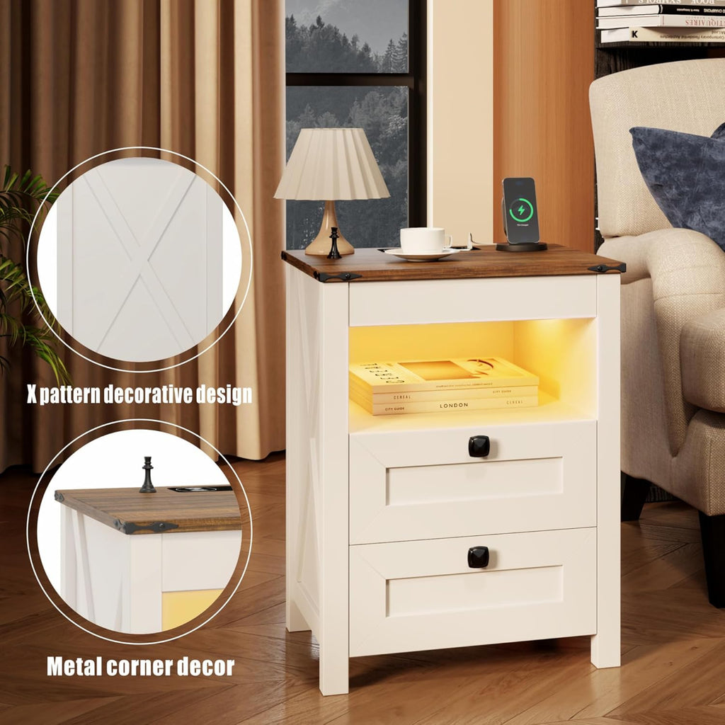 LED Nightstand Set of 2 with Gun Drawer: Bedside Table with Charging Station Furniture - Farmhouse Night Stand with 3