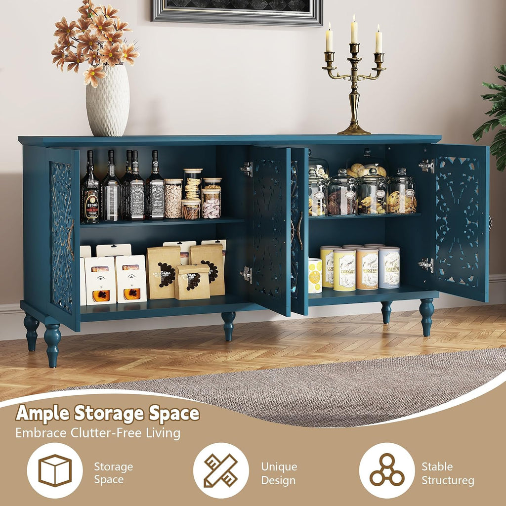 61.8" Hollow Carved Accent Cabinet with 4 Doors | Vintage Sideboard Buffet with Adjustable Shelves, Credenza with
