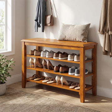 4-Tier Shoe Rack Bench, Rubber Wood Entryway Bench with Adjustable Shelves, Mid-Century Modern Shoe Storage Bench