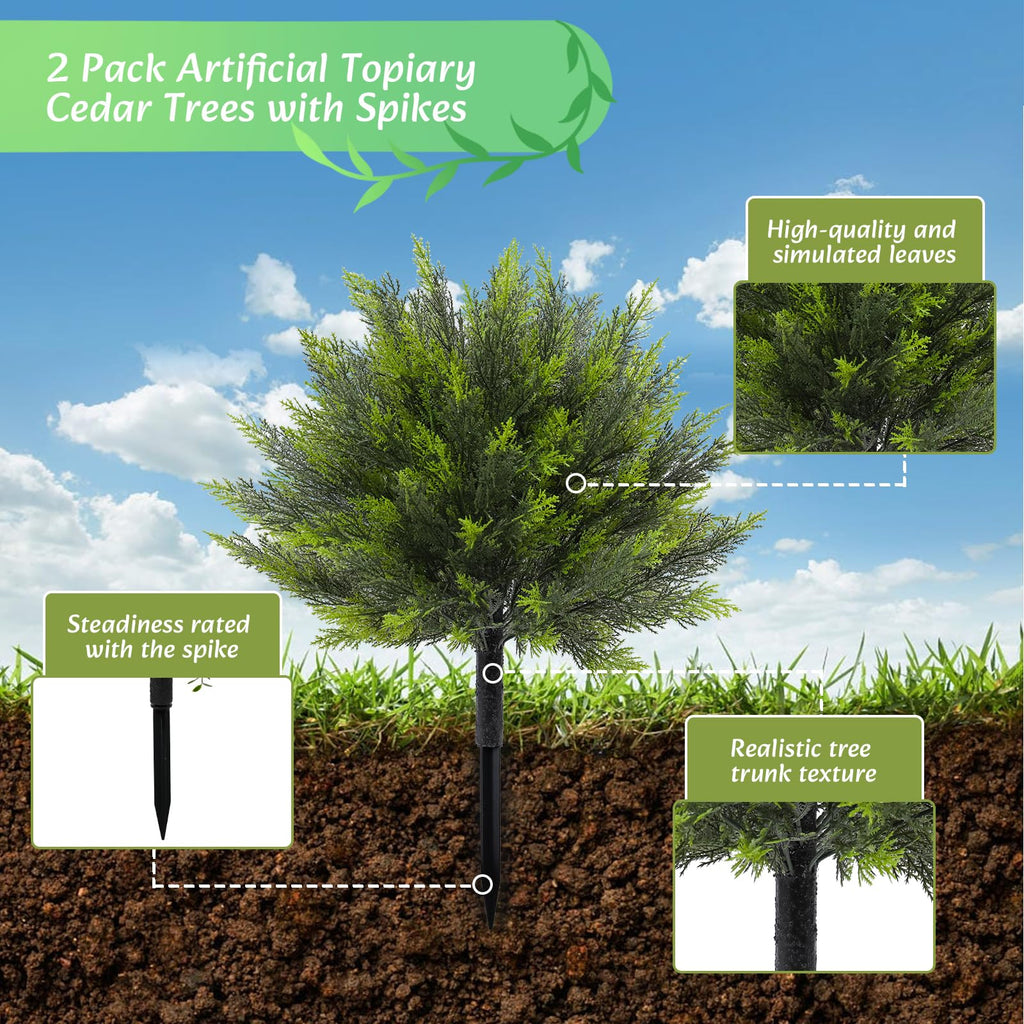24" Artificial Cedar Topiary Bush with Ground Spike, 2 Pack