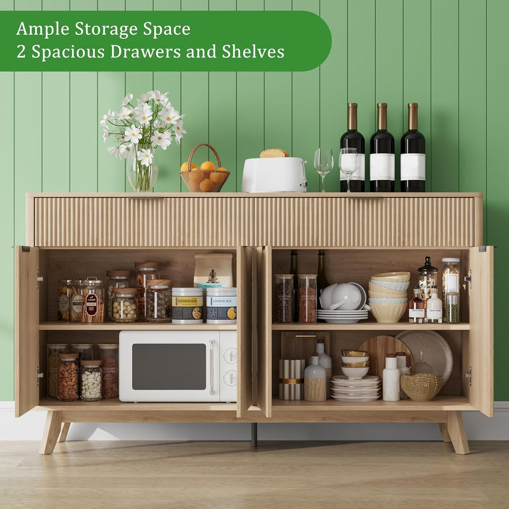 Buffet Sideboard, 60'' Sideboard Cabinet with 2 Drawers and 4 Wave Doors, Sideboard with Adjustable Shelves, Light Oak