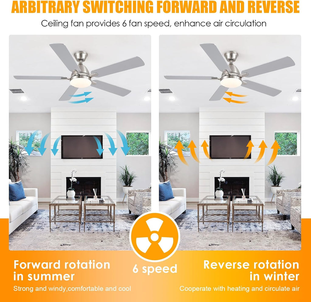 Ceiling Fans with Lights, 52 Inch Low Profile Ceiling Fan with Light and Remote Control,Reversible, 3CCT, Dimmable, Quiet, Brushed Nickel Ceiling Fan for Bedroom Indoor/Outdoor Use