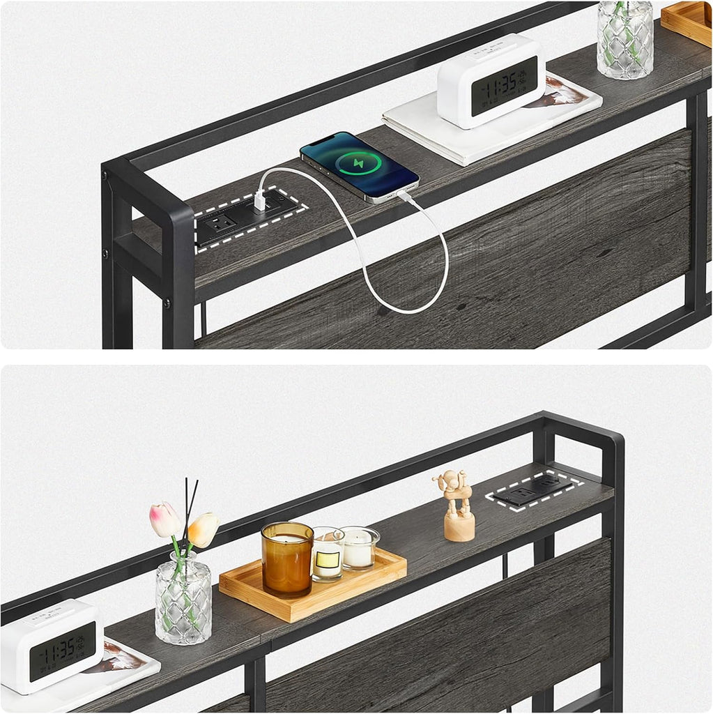 King Headboard, Headboard with 2 Outlets and 4 USB Ports, Adjustable Height, Storage Rack, Sturdy and Stable