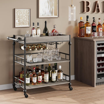 Bar Cart, Bar Carts for The Home, 3 Tier Serving Cart with Wheels, Home Bar & Serving Carts, Metal Rolling Cart with