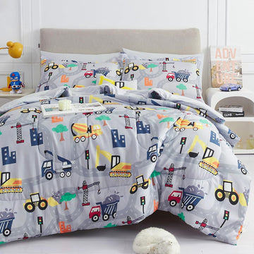 Kids Comforter Sets for Boys 6 Pieces Excavator Grey Bedding Set for Teens Soft Microfiber Kids Bed in A Bag