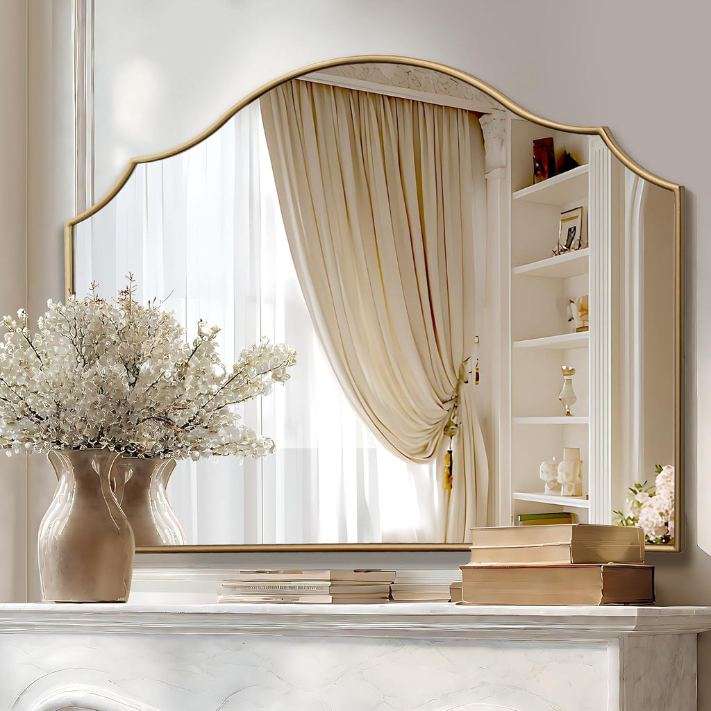 Gold Scalloped Wall Mirror: 40"x29" Large Modern Minimalist Bathroom Mirror - Decorative Vanity Arched Mirrors for