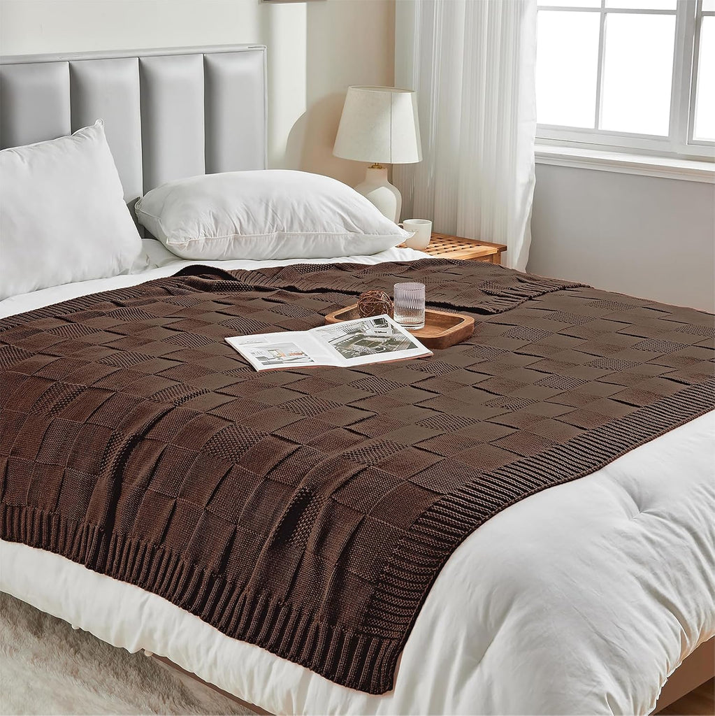 Check Knit Throw Blanket, Dark Brown Checkered Throw, Decorative Christmas Soft Cozy Warm Knitted Blanket, 50"X60"