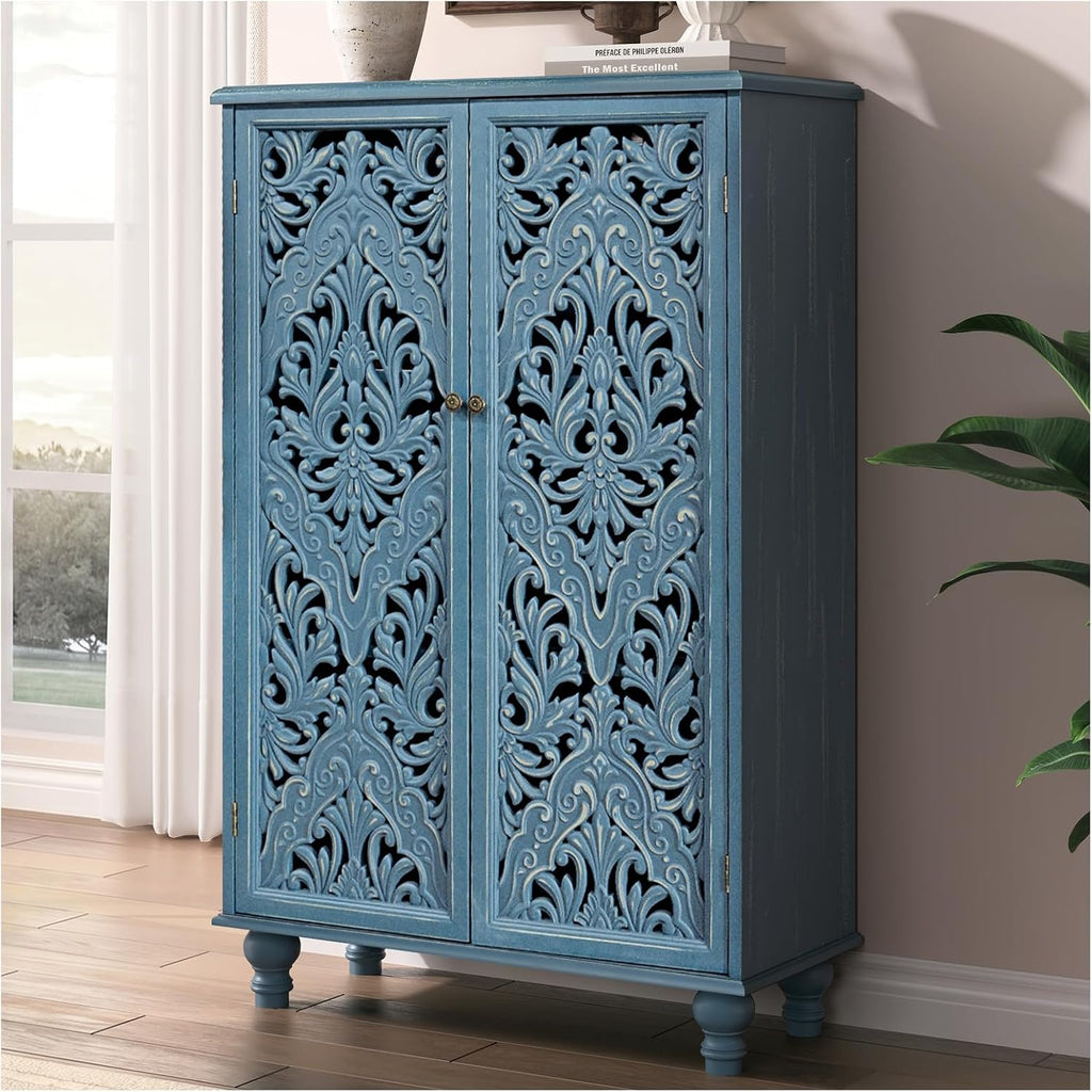 47" Tall Accent Cabinet with Carved Doors & Storage | Vertical Storage , Carved Floral Design, Farmhouse & Rustic