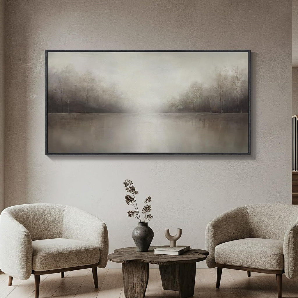 Framed Abstract Landscape Wall Art , Extra Large Brown Misty Lake Trees Canvas Artwork for Walls, Horizontal