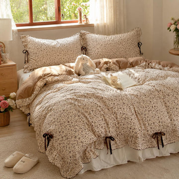 Vintage Floral Duvet Cover, Washed Cotton Ruffle Trim 3 Piece Set