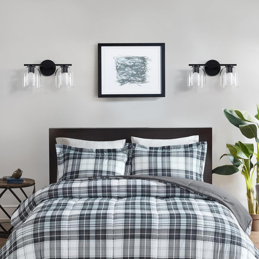 Bathroom Vanity Light Fixtures: 14.2 Inch Modern Black Vanity Lighting Fixtures Over Mirror with Clear Glass Shade