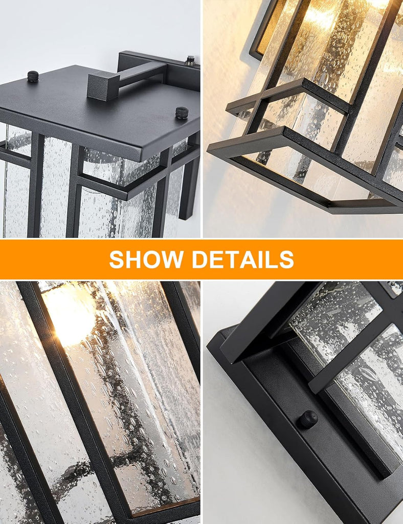 Rustic Dusk to Dawn Outdoor Wall Light Fixture 13.8"H Waterproof Exterior Wall Sconces Black Metal with Seeded Glass