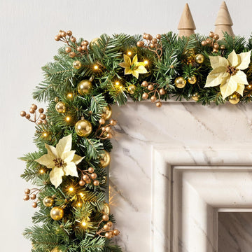 9FT Prelit Christmas Garland for Mantle, Gold Poinsettia, 50 LED