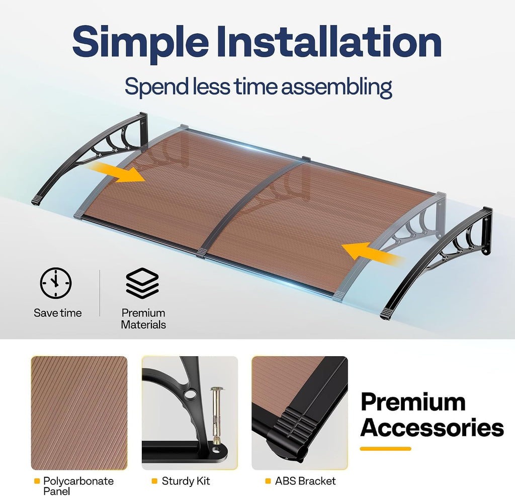 Polycarbonate Window Door Awning Canopy Brown with Black Bracket 38 Inch x 40 Inch