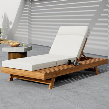 Wood Chaise Lounge with 4'' Four-Folds Cushion, Outdoor 79'' Patio Recliner Chair with 4-Position Adjustable