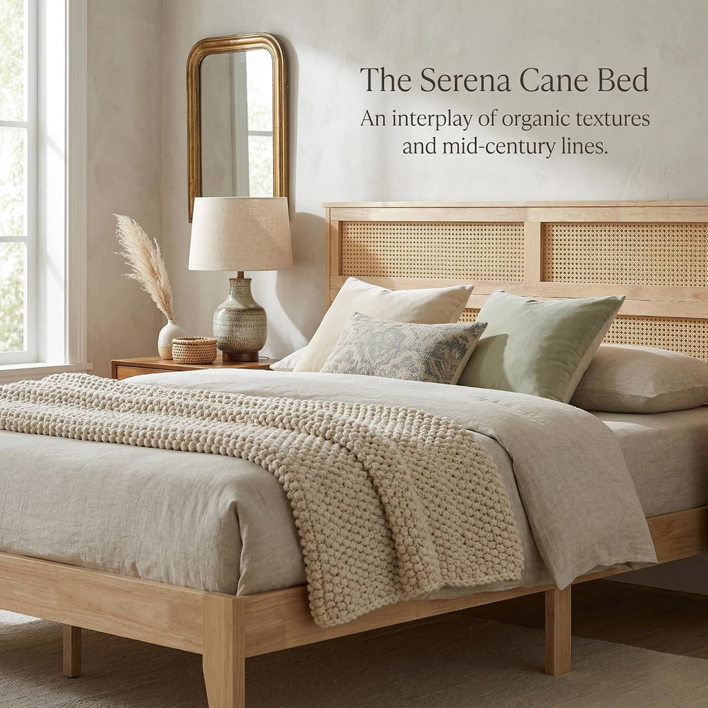 King Solid Wood Bed Frame with Interwoven Rattan Headboard, Rubber Wood Platform Bed with Underbed Storage Space
