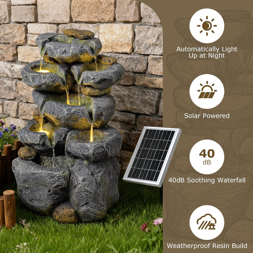 5 Tiered Solar Powered Water Fountain, Solar Water Fountain Outdoor Garden Cascading Rock Water Fall Fountains