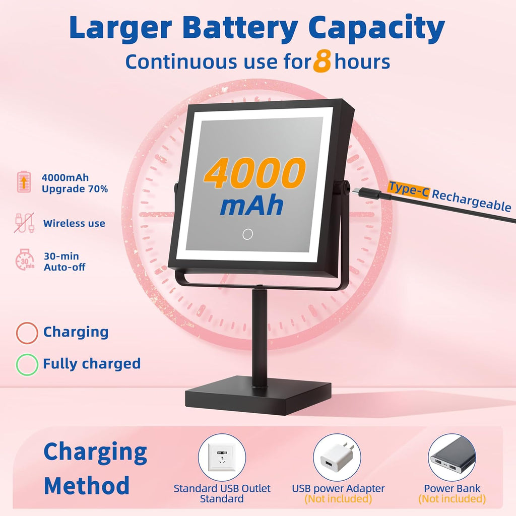 Makeup Mirror with Lights, 4000mAh Rechargeable Magnifying Mirror with Light, 1X/7X, Height Adjustable